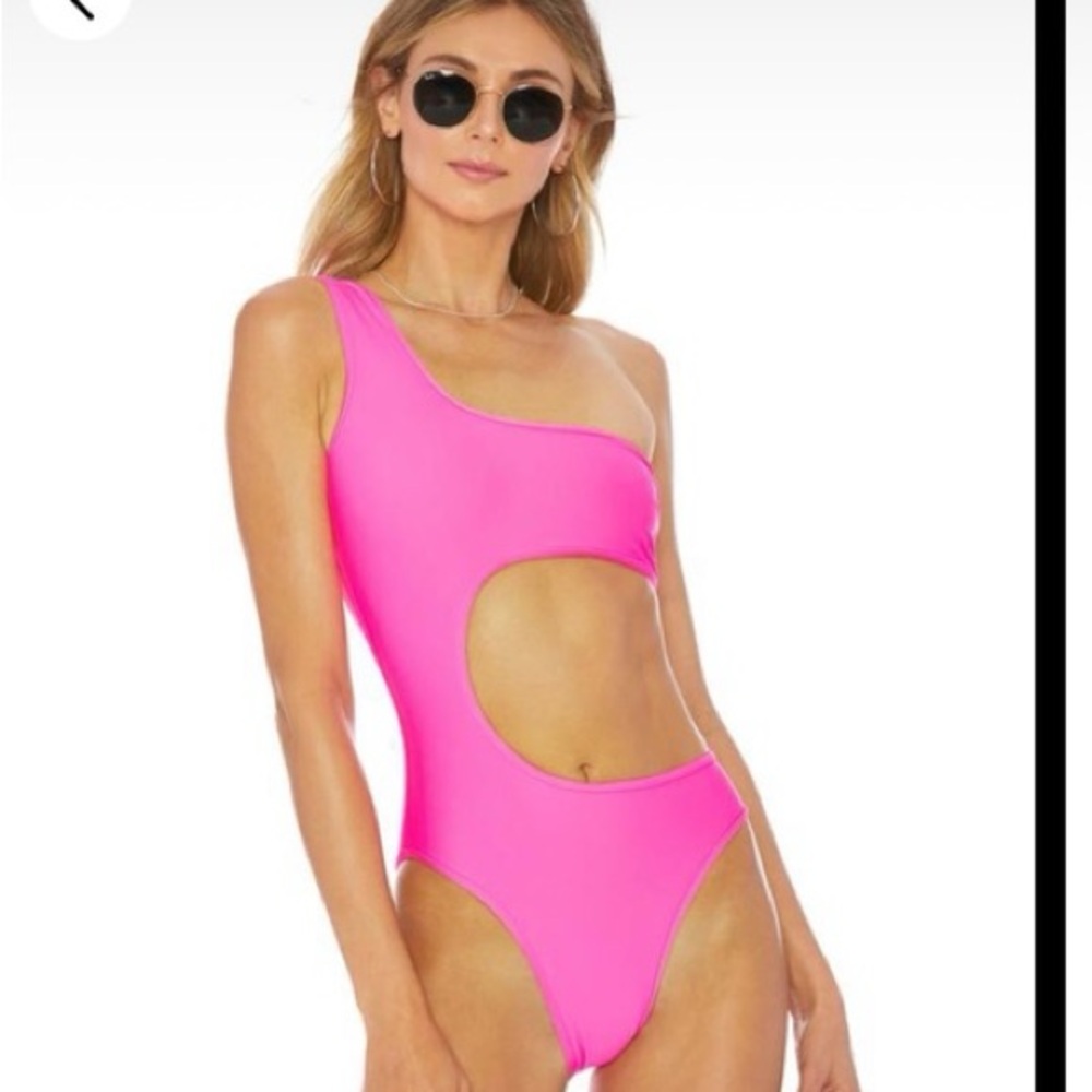 ElleJay Kristin Neon Pink One-Shoulder Cutout Swimsuit